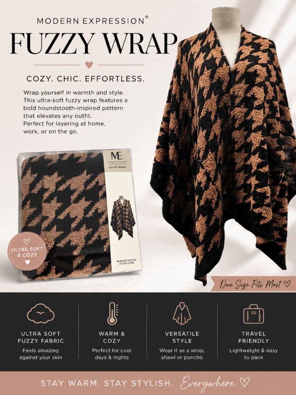 Modern Expressions Fuzzy Wrap Poncho Shawl Black Beige Houndstooth Cozy Soft One